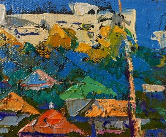 Image 1 of Original Oil Painting Day Village Landscape Spring silence above the pond