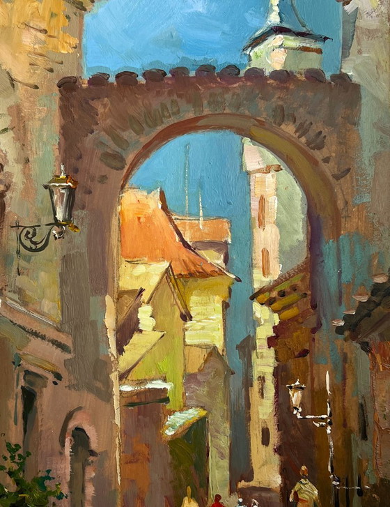 Image 1 of Dipinto ad olio originale Paesaggio urbano diurno Vecchia strada della città