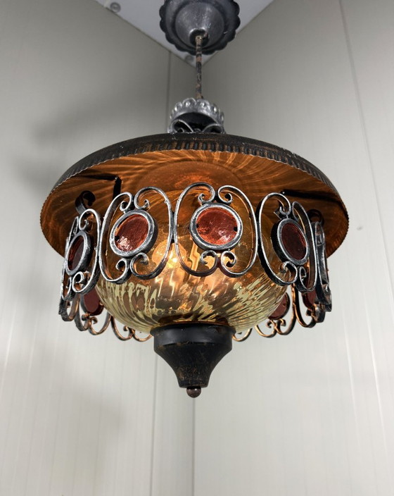 Brutalist iron and glass Pendant lamp 1960s, Metal, Brown, Vintage (photo 7 of 11)
