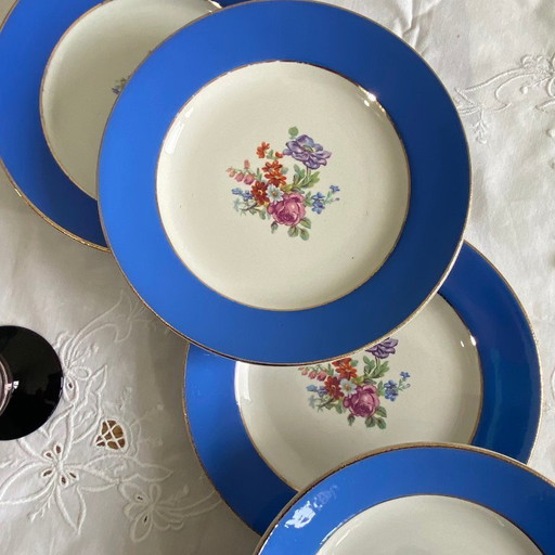 6 piatti da dessert antichi in terracotta blu con fiori dorati, Saint Amand Hamage, Orchies
