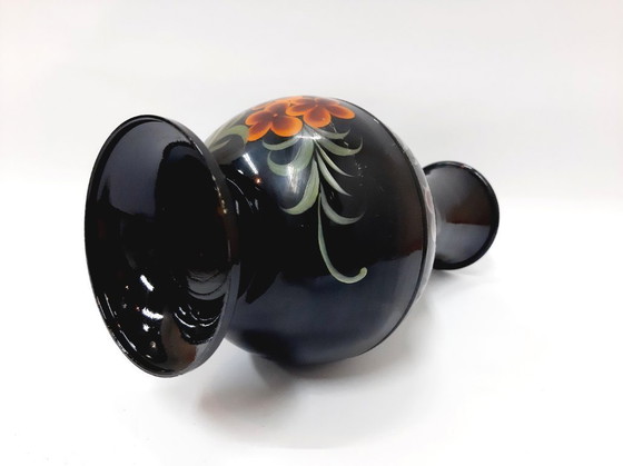 Image 1 of Vintage Black Enamel Vase, Floral Pattern 23 cm
