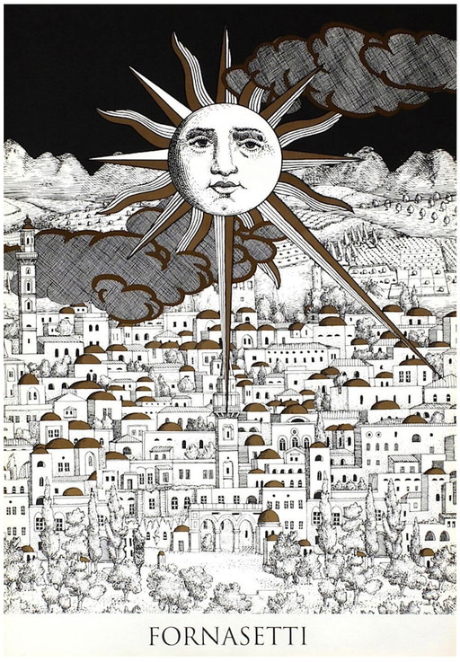 Affiche sérigraphiée de Piero Fornasetti, Soleil à Jérusalem, 1993