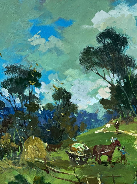Image 1 of Pintura al óleo original: Paisaje rural, vida en un pueblo, día de verano en el bosque.