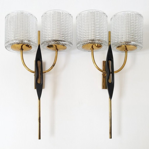 PAIR OF VINTAGE 1950S WALL LIGHTS MAISON ARLUS DLG FELIX AGOSTINI BRASS STEEL GLASS