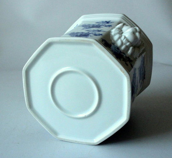 Image 1 of Vaso da fiori in ceramica, blu e bianco con testa di leone - vintage