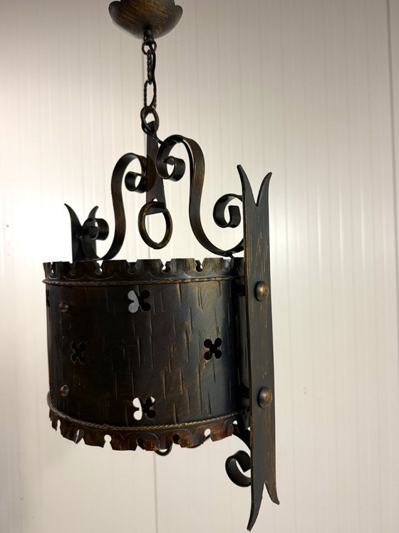 Brutalist classic castle style iron pendant lamp 1960s, Metal, Black, Rustic (photo 12 of 13)