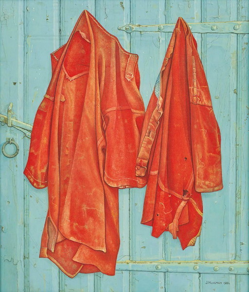 Jopie Huisman--Red Shirts on Blue Door (on canvas)