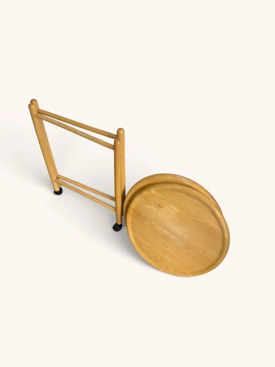 Vintage round dessert trolley on wheels by Jens Quistgaard, 1970s. – Bar carts, Wood, Scandinavian (photo 4 of 6)