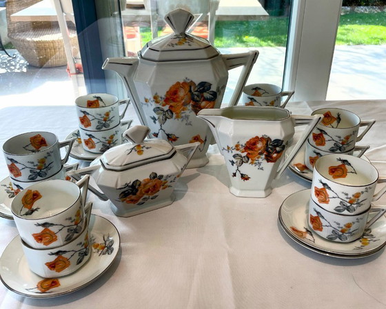 Image 1 of Vintage Eichwald theeservies voor 12 personen – Art Deco porseleinen servies – Oranje rozenpatroon