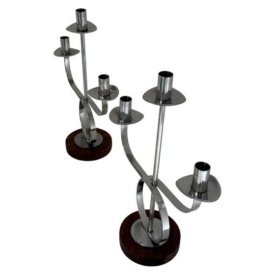 Image 1 of Set of two - Candelabra holding three candles each - Teak wood and chromed metal - ca. 1970’s, Scandinavian