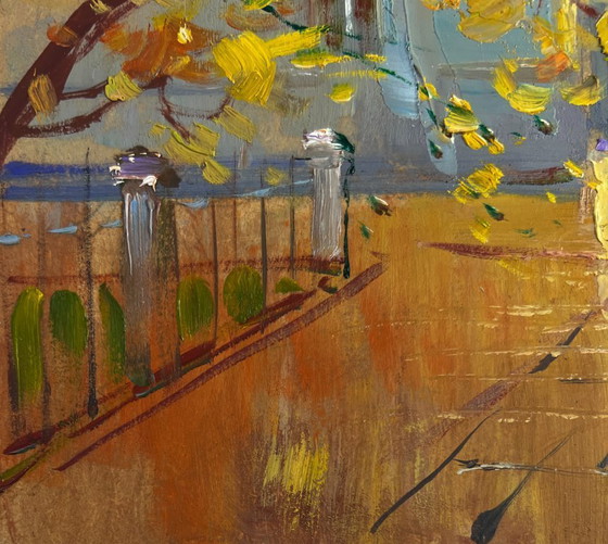 Image 1 of Original Oil Painting City Street Landscape Autumn leaves are flying