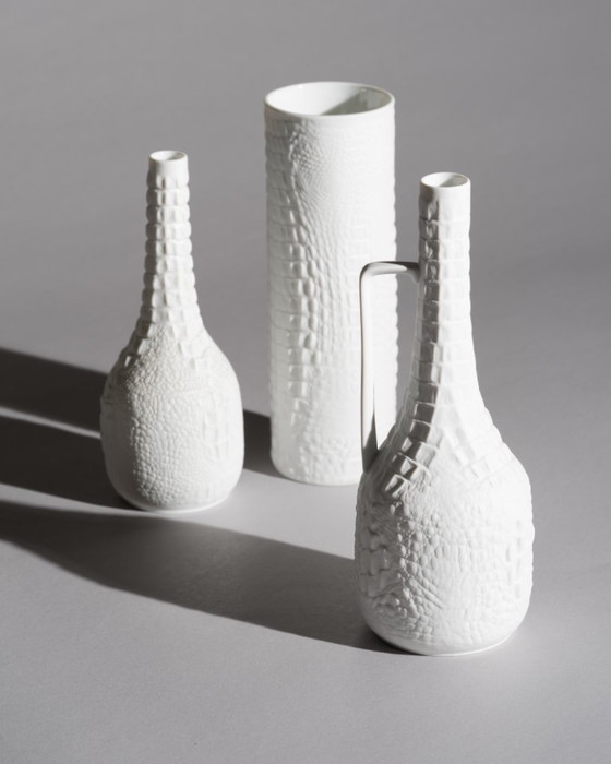 Image 1 of AK Kaiser Biscuit Porcelain Reptile Crocodile Vase Trio Manfred Frey Germany 70s