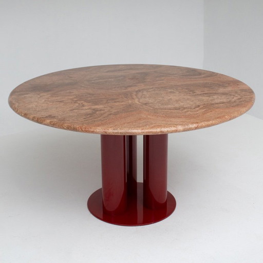 Round Marble Dining Table with Burgundy Lacquered Base