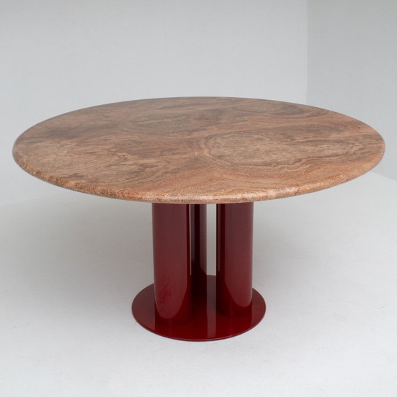 Image 1 of Round Marble Dining Table with Burgundy Lacquered Base