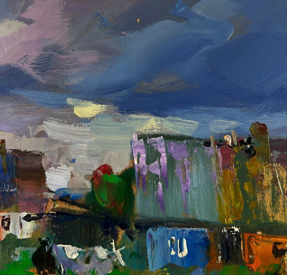 Image 1 of Original Oil Painting Summer Village Landscape Rural idyll with huts and cattle