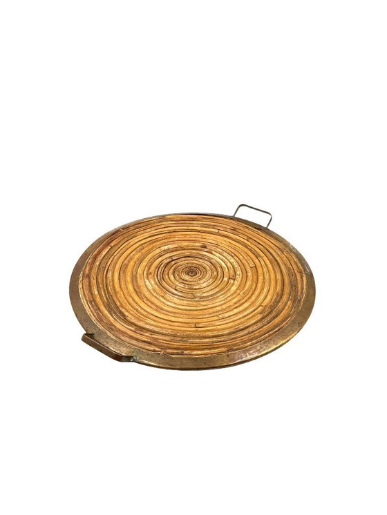 Image 1 of Vassoio Hollywood Regency in ottone e vimini, Italia 1970 ca.