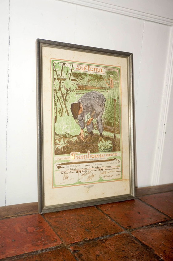 Image 1 of framed diploma tuinbouw cursus 1946 * dutch certificate wall art * garden training diploma * vintage print * farmhouse decor