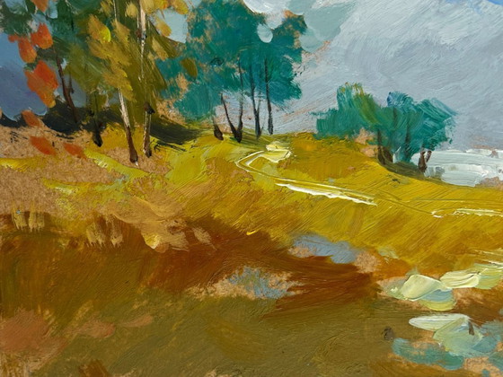 Image 1 of Original Oil Painting Autumn Nature Landscape Autumn trail with fallen leaves