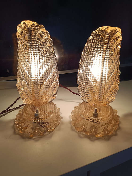 Image 1 of Seltenes Paar „Foglia“-Tischlampen von Barovier & Toso – Muranoglas – Rosa, 1960er Jahre