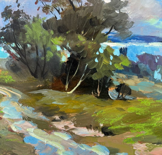 Image 1 of Peinture à l'huile originale, paysage de route d'été. L'harmonie paisible de la nature.