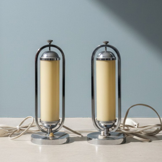 Image 1 of Pair of Bauhaus Functionalist Chrome Table Lamps, Czechoslovakia 1930s