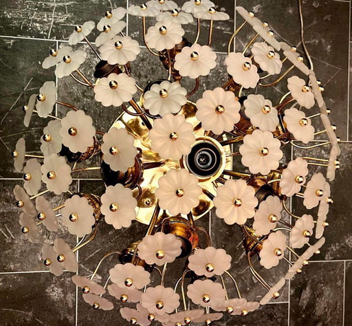 Grande lampadario a forma di fiore in vetro veneziano, 16 luci – kroonluchters, Brass