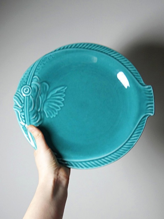 Image 1 of Set of 5 vintage turquoise earthenware fish plates from the 1960s-70s