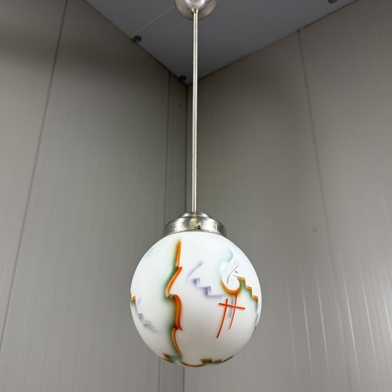 Image 1 of Art-Deco-Pendelleuchte aus Buntglas