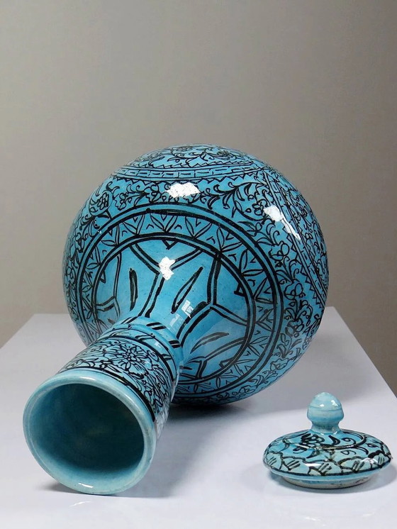 Covered vase or Persian jar, glazed Iznik pottery, vintage turquoise painted., Porcelain, Black (photo 4 of 16)