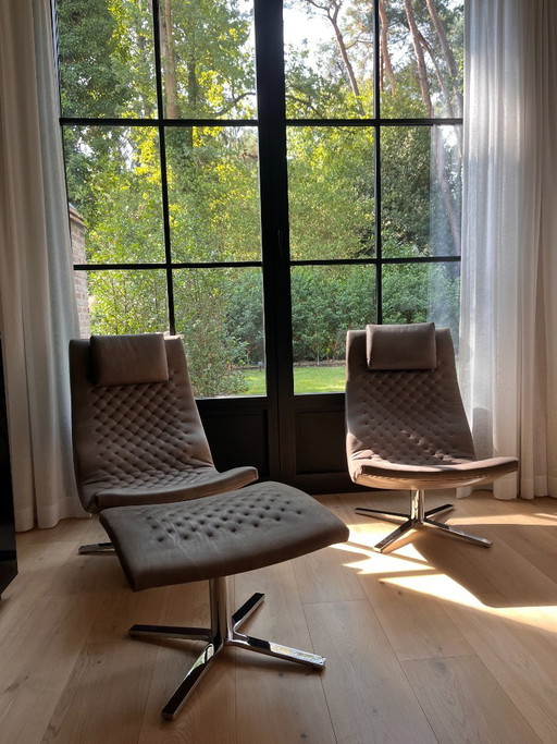 De Sede DS-51 Relax Fauteuils (2) + Hoofdsteunen (2) + Voetenbank (1) - Naturale Leder - Kleur Espresso – Leather, Metal