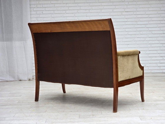 Image 1 of 1950s, 2 Seater Danish Highback Sofa, Furniture Velour, Laqered Teak Wood.