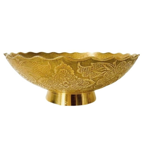 Image 1 of Vintage Oriental Engraved Peacock Brass Bowl Boho Patterns Flowers 1930's