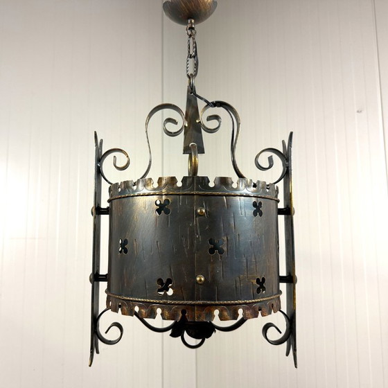 Brutalist classic castle style iron pendant lamp 1960s, Metal, Black, Rustic (photo 7 of 13)