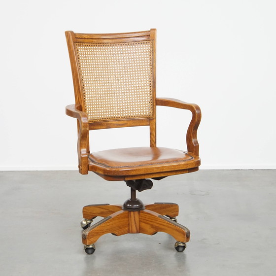 Image 1 of Cognac Colored Leather Office Chair on Wheels with Wood and a Wicker Matted Backrest