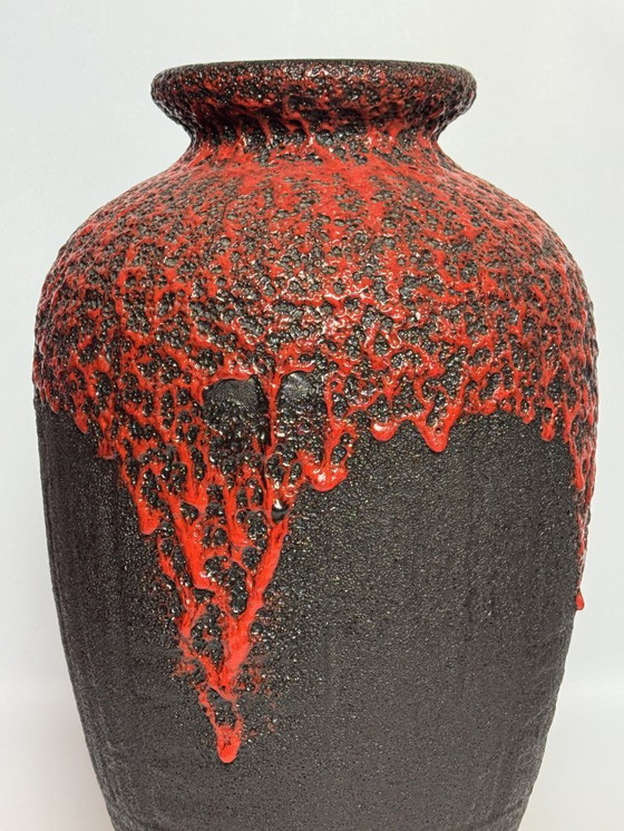 Image 1 of Extra Large Mid-Century Design Ceramic Black Fat Lava Vase with Red High Gloss Enamel by ES Keramik, West Germany 1960s.