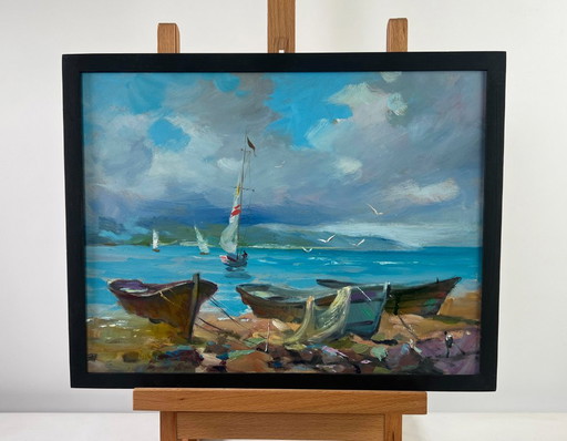 Pintura al óleo original: Paisaje costero de verano. Olas del mar y el grito de las gaviotas.