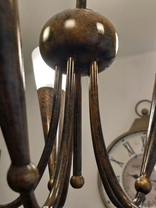 Vintage Mid-Century Brutalist Trumpet Horn Chandelier – Frosted Glass & Patinated Metal