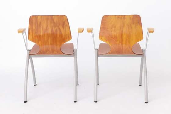 Image 1 of Set of 4 Vintage Pagholz Stackable Chairs, Industrial Dining Chairs, Germany 1970s, Beech Wood Armrests