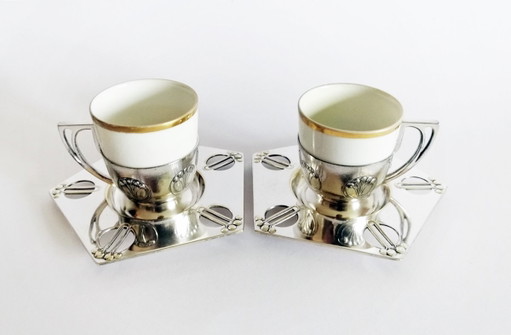 Pareja de tazas de moca Art Nouveau WMF Modelo Nº332 Diseñador Albin Müller 1905