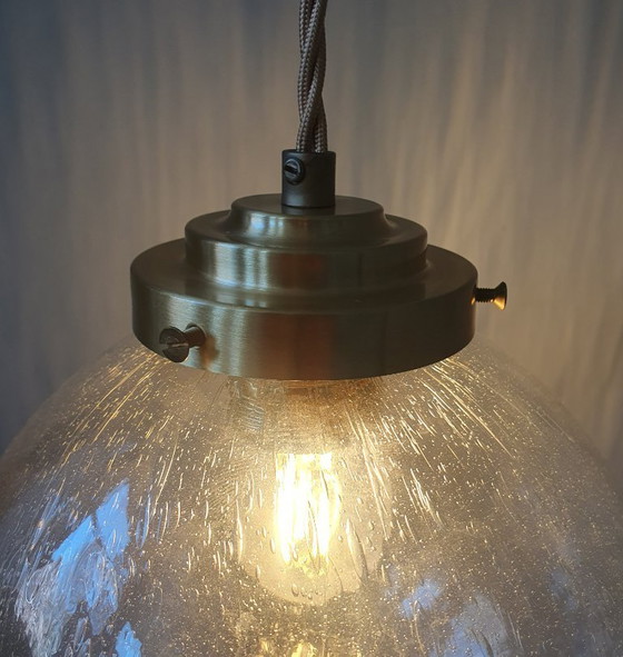 Image 1 of Vintage plafond hanglamp van getextureerd / bubbelglas - Mid Century