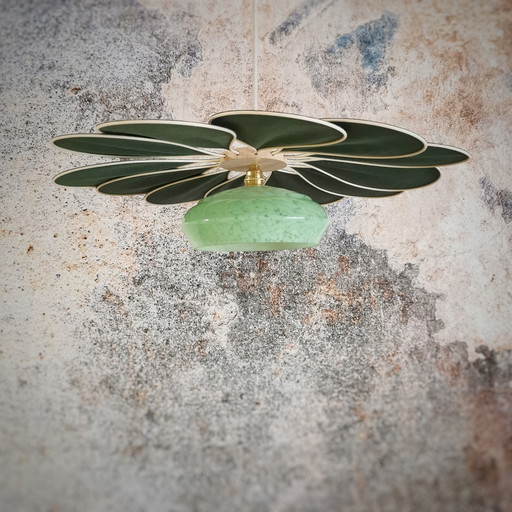 Rattan and Linen Flower Hanging Lamp Fir Green - Luminaires Artisanaux