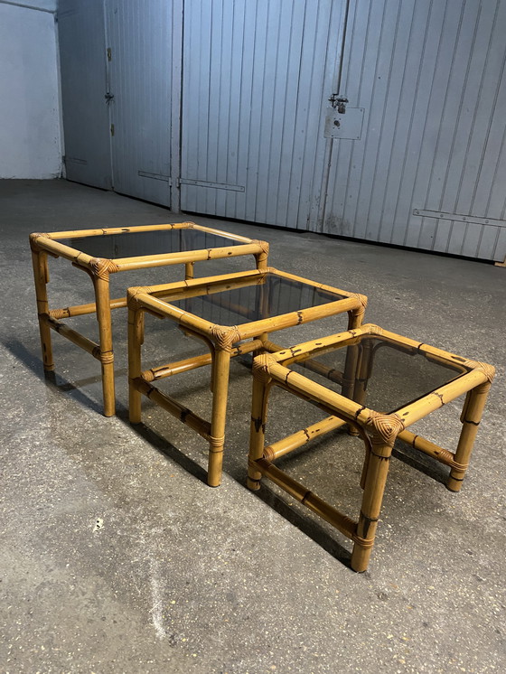 Image 1 of Bamboo and Smoked Glass Nesting Tables