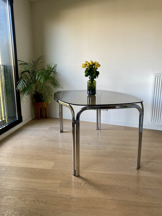 Image 1 of Vintage Space Age Dining Table With Chrome Tube Frame & Smoked Glass