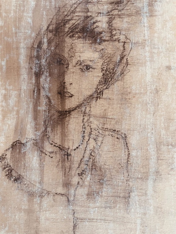 Image 1 of Houtskooltekening, gesigneerd, 19e-eeuws vrouwenportret