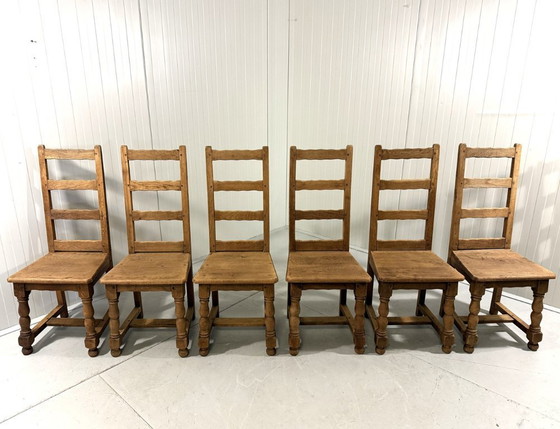 Image 1 of 6 sillas de comedor rústicas antiguas de roble con respaldo alto, década de 1900