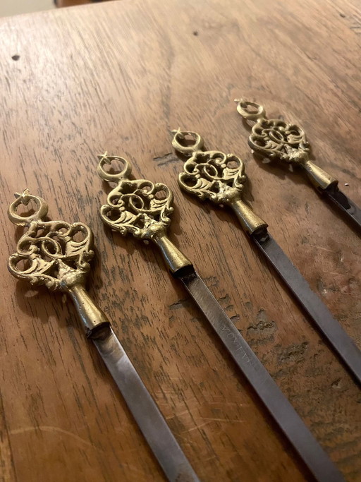 Brochetas para barbacoa, 4 piezas, acero inoxidable, cocina vintage de los años 60, latón y acero.