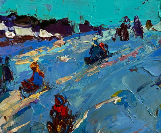 Image 1 of Original Oil Painting Frost Village Landscape Until the winter twilight