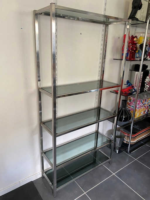Bookcase glass and chrome modular wall shelf vintage 1970