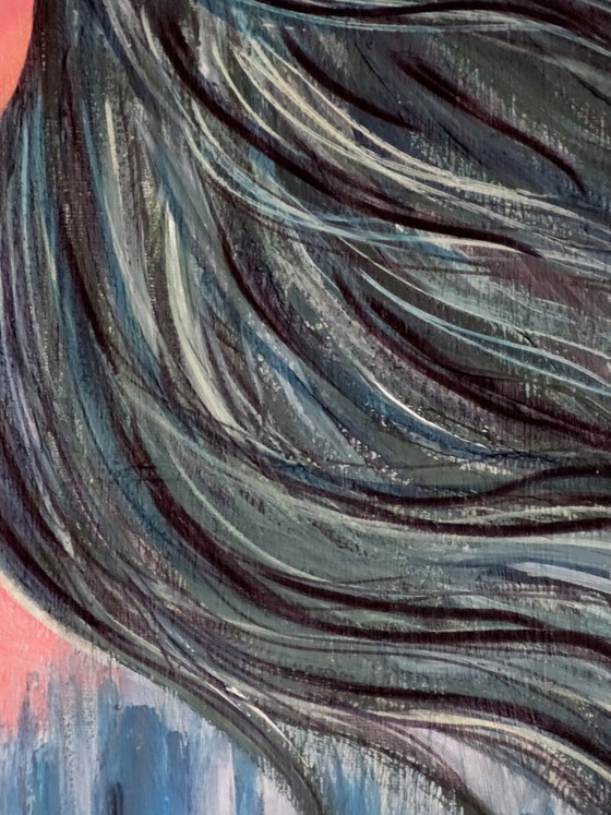 Painting of a woman with long dark hair, Paintings & Drawings, Wood, Canvas, Blue, Figuratief (photo 5 of 8)