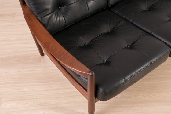 Image 1 of Divano scandinavo a 3 posti in legno e pelle nera, anni '60